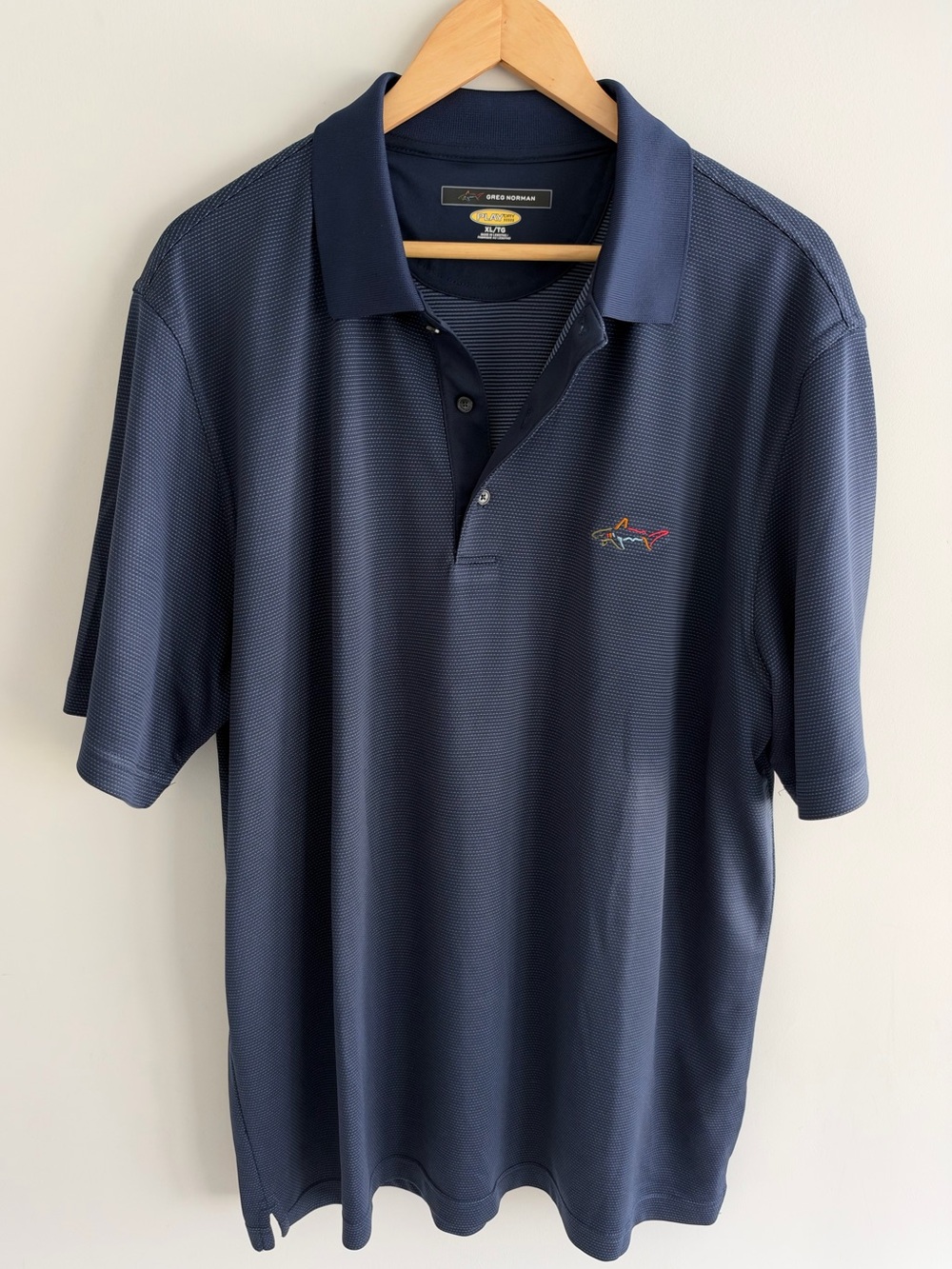 Greg Norman Play Dry Golf Polo Mens XL Navy Blue Striped Shark Logo Performance